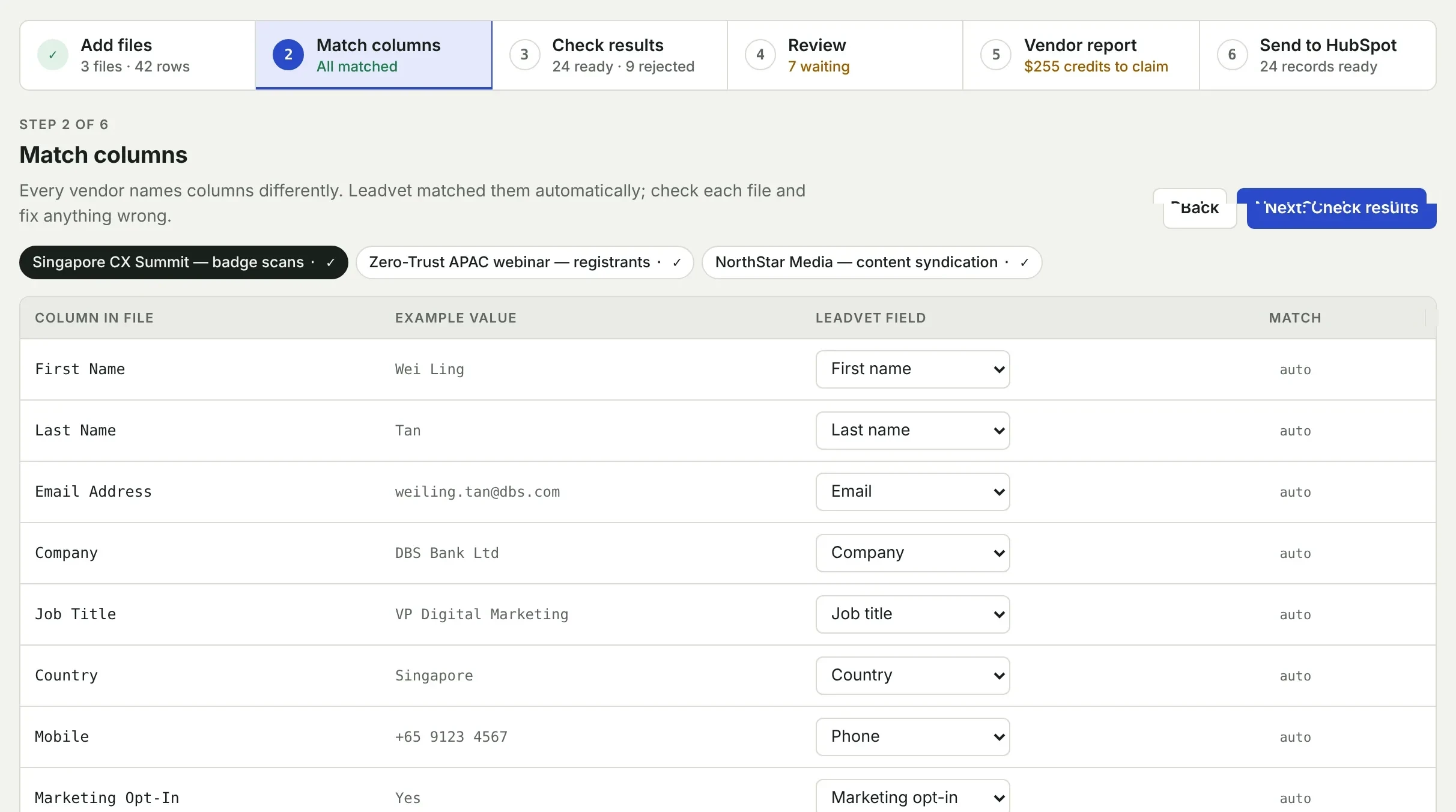 Leadvet step 2: Match columns